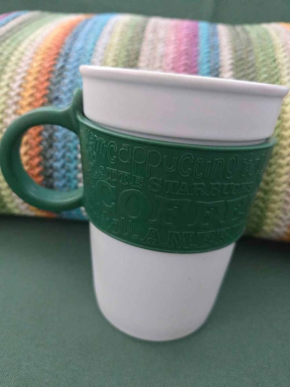 Starbucks 2008 Ceramic Coffee Mug with Green Silicone Sleeve